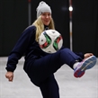 ST. CATHARINES, CANADA - JANUARY 14: Finland's Petra Keromaa #25 warms-up playing soccer prior to placement round action against the Czech Republic at the 2016 IIHF Ice Hockey U18 Women's World Championship. (Photo by Jana Chytilova/HHOF-IIHF Images)

